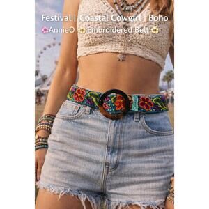 Annie O Embroidered Belt Boho Festival Coastal Cowgirl Floral Teal